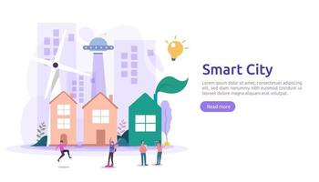 Smart city services concept with internet of things networks and augmented reality. Urban landscape with buildings, skyscrapers, transport traffic. flat style vector illustration for web landing page