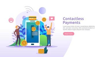 pago móvil o concepto de transferencia de dinero. Pagos sin contacto, inalámbricos o sin efectivo con tecnología nfc para teléfonos inteligentes. plantilla para página de destino web, banner, presentación, redes sociales, medios impresos vector