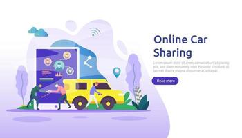 Online car sharing or rental concept. mobile city transportation with navigation smartphone, online map, GPS and people character for web landing page template, banner, presentation, ad or print media vector