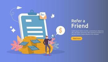 affiliate marketing concept. refer a friend strategy. people character shout megaphone sharing referral business partnership and earn money. template for web landing page, banner, poster, print media vector