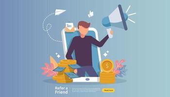 affiliate marketing concept. refer a friend strategy. people character shout megaphone sharing referral business partnership and earn money. template for web landing page, banner, poster, print media vector