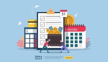 Payroll income concept. salary payment annual bonus. payout with paper, calculator, and people character. web landing page template, banner, presentation, social, and print media. Vector illustration