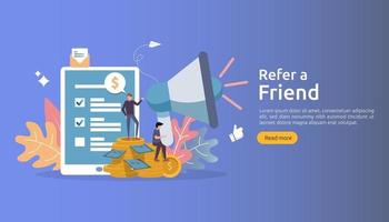 affiliate marketing concept. refer a friend strategy. people character shout megaphone sharing referral business partnership and earn money. template for web landing page, banner, poster, print media vector