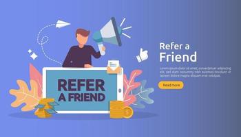 affiliate marketing concept. refer a friend strategy. people character shout megaphone sharing referral business partnership and earn money. template for web landing page, banner, poster, print media vector