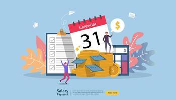 Payroll income concept. salary payment annual bonus. payout with paper, calculator, and people character. web landing page template, banner, presentation, social, and print media. Vector illustration