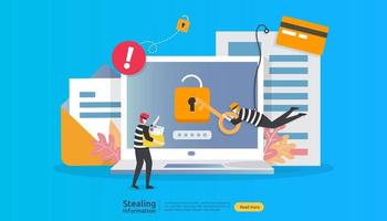 internet security concept with people character. password phishing attack. stealing personal information data web landing page, banner, presentation, social, print media template. Vector illustration