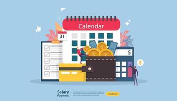 Payroll income concept. salary payment annual bonus. payout with paper, calculator, and people character. web landing page template, banner, presentation, social, and print media. Vector illustration