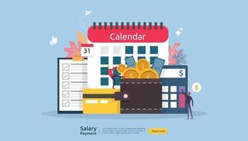 Payroll income concept. salary payment annual bonus. payout with paper, calculator, and people character. web landing page template, banner, presentation, social, and print media. Vector illustration