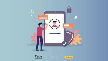 Face recognition data security design. facial biometric identification system scanning on smartphone. web landing page template, banner, presentation, social, poster, ad, promotion or print media. vector