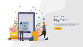 E-commerce market shopping online illustration with tiny people character. mobile payment or money transfer concept. template for web landing page, banner, presentation, social media, print media. vector