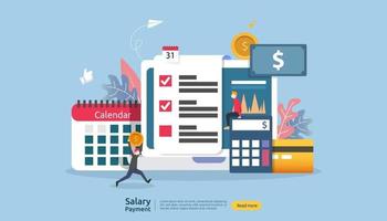 Payroll income concept. salary payment annual bonus. payout with paper, calculator, and people character. web landing page template, banner, presentation, social, and print media. Vector illustration