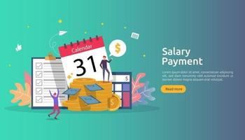 Payroll income concept. salary payment annual bonus. payout with paper, calculator, and people character. web landing page template, banner, presentation, social, and print media. Vector illustration