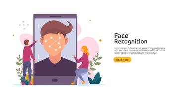 diseño de seguridad de datos de reconocimiento facial. escaneo del sistema de identificación biométrica facial en el teléfono inteligente. Plantilla de página de destino web, banner, presentación, redes sociales, póster, anuncio, promoción o medios impresos. vector