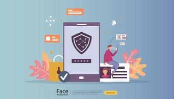 Face recognition data security design. facial biometric identification system scanning on smartphone. web landing page template, banner, presentation, social, poster, ad, promotion or print media. vector