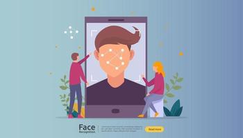 Face recognition data security design. facial biometric identification system scanning on smartphone. web landing page template, banner, presentation, social, poster, ad, promotion or print media. vector