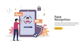 diseño de seguridad de datos de reconocimiento facial. escaneo del sistema de identificación biométrica facial en el teléfono inteligente. Plantilla de página de destino web, banner, presentación, redes sociales, póster, anuncio, promoción o medios impresos. vector