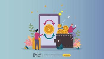 E-commerce market shopping online illustration with tiny people character. mobile payment or money transfer concept. template for web landing page, banner, presentation, social media, print media. vector