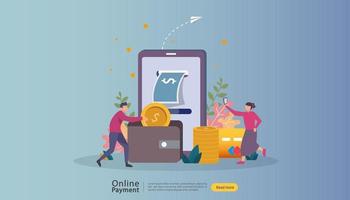 Ilustración en línea de compras en el mercado de comercio electrónico con carácter de gente pequeña. pago móvil o concepto de transferencia de dinero. plantilla para página de destino web, banner, presentación, redes sociales, medios impresos. vector