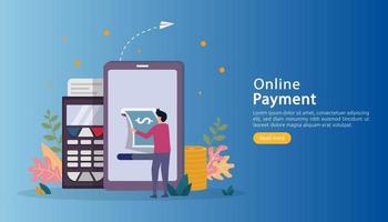 E-commerce market shopping online illustration with tiny people character. mobile payment or money transfer concept. template for web landing page, banner, presentation, social media, print media.