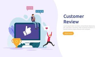 Customer review rating concept. people character giving feedback evaluation. satisfaction level and critic support with smartphone for web landing page, social, poster, ad, promotion or print media vector