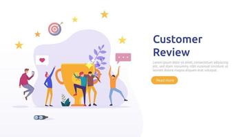 Customer review rating concept. people character giving feedback evaluation. satisfaction level and critic support with smartphone for web landing page, social, poster, ad, promotion or print media