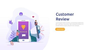 Customer review rating concept. people character giving feedback evaluation. satisfaction level and critic support with smartphone for web landing page, social, poster, ad, promotion or print media vector