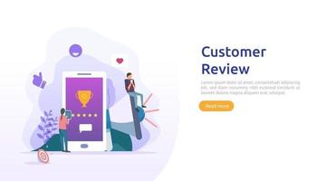 concepto de calificación de revisión de cliente. Carácter de personas dando evaluación de retroalimentación. nivel de satisfacción y apoyo crítico con el teléfono inteligente para la página de destino web, redes sociales, carteles, anuncios, promociones o medios impresos vector
