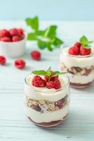 Fresh raspberry and yogurt with granola - Healthy food style photo