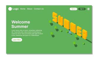 landing page or website summer season isometric illustration greeting with spruce pine tree and wood template vector