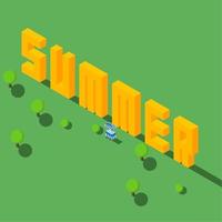 hot summer season isometric illustration greeting with tree and wood different perspective vector