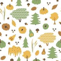 Autumn trees seamless pattern. Vector hand drawn larch, willow, alder, oak, leaves, acorn, pumpkins, wheat, mushrooms elements illustration on white background, flat style