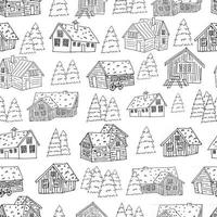 Black-white seamless pattern of houses and christmas trees for coloring book or card. Vector hand drawn cartoon illustration