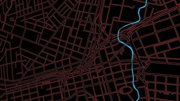 animação de uma vista aérea de um mapa noturno com edifícios em 3D e um caminho de movimento de destino com grãos video