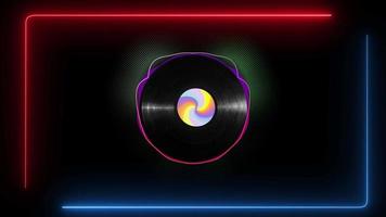 Vinyl disk with a colorful sticker rotating and visual audio lines moving to the beat of music on black background. video