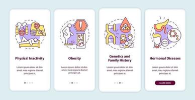 Diabetes causes onboarding mobile app page screen. Human obesity walkthrough 4 steps graphic instructions with concepts. UI, UX, GUI vector template with linear color illustrations