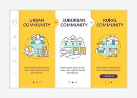 Social units types onboarding vector template. Responsive mobile website with icons. Web page walkthrough 3 step screens. Urban, suburban communities color concept with linear illustrations