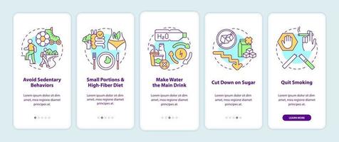Diabetes prevention tips onboarding mobile app page screen. Meal portion walkthrough 5 steps graphic instructions with concepts. UI, UX, GUI vector template with linear color illustrations