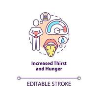 Increased thirst and hunger concept icon. Wanting to eat. Need of food and water. Getting meal and drink abstract idea thin line illustration. Vector isolated outline color drawing. Editable stroke