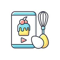 Cooking video RGB color icon. Culinary courses online. Cookery school for learning remotely. Preparing food on social media vlog. Isolated vector illustration. Videography simple filled line drawing