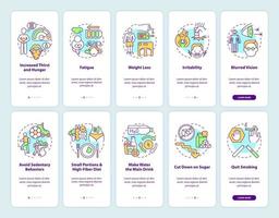 Diabetes onboarding mobile app page screen set. Special meal ingredients walkthrough 5 steps graphic instructions with concepts. UI, UX, GUI vector template with linear color illustrations