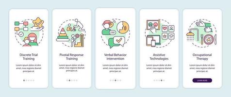 corrección de comportamiento autista incorporando la pantalla de la página de la aplicación móvil. Tutorial de tecnología asistencial Instrucciones gráficas de 5 pasos con conceptos. ui, ux, plantilla de vector de interfaz gráfica de usuario con ilustraciones en color lineal