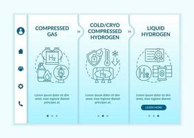 H2 storage approaches onboarding vector template. Responsive mobile website with icons. Web page walkthrough 3 step screens. Liquid hydrogen, compressed gas color concept with linear illustrations