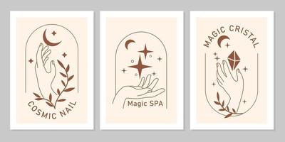 Mystic boho set of elegant female hands with moon, star, plant, gem in line art. Vector magic symbol isolated on beige background. Trendy minimalist signs for design of cosmetics, jewelry, beauty