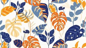 Tropical forest art deco wallpaper. Floral pattern with exotic flowers and leaves, split-leaf Philodendron plant ,monstera plant, Jungle plants line art on trendy background. Vector illustration.