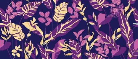 Tropical forest art deco wallpaper. Floral pattern with exotic flowers and leaves, split-leaf Philodendron plant ,monstera plant, Jungle plants line art on trendy background. Vector illustration.