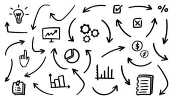 Conjunto de iconos de vector de flecha dibujados a mano. boceto de diseño de flecha para plan de negocios y educación.