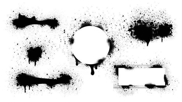 Spray Paint Vector Elements isolated on White Background. Set of  frame and black round ink stains, Lines and Drips Black ink splatters, Ink blots set, Street style.