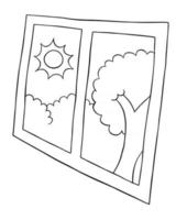 ilustración vectorial de dibujos animados de ventana y día sol y árbol vector