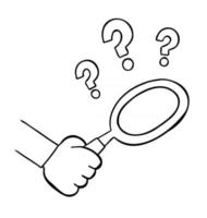 Cartoon Vector Illustration of Hand Holding Magnifying Glass and Question Marks Examine