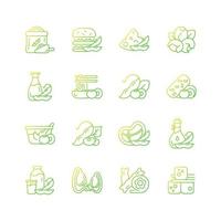 Conjunto de iconos de vector lineal degradado de alimentos de soja. preparación de comidas saludables. snacks a base de plantas. fuente de nutrientes. paquete de símbolos de contorno de línea delgada. colección de ilustraciones de contorno vectorial aislado